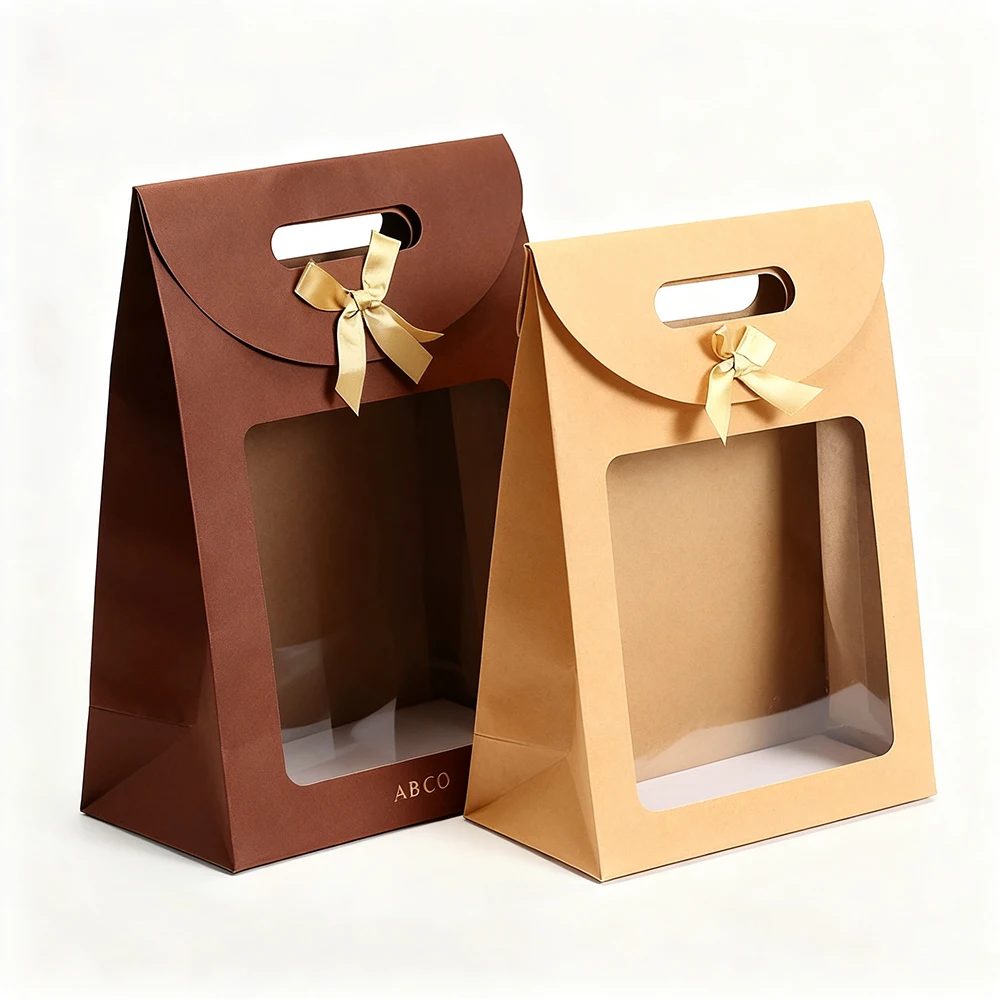 Custom Kraft Paper Portable Gift Bag PVC Clear Window Packaging