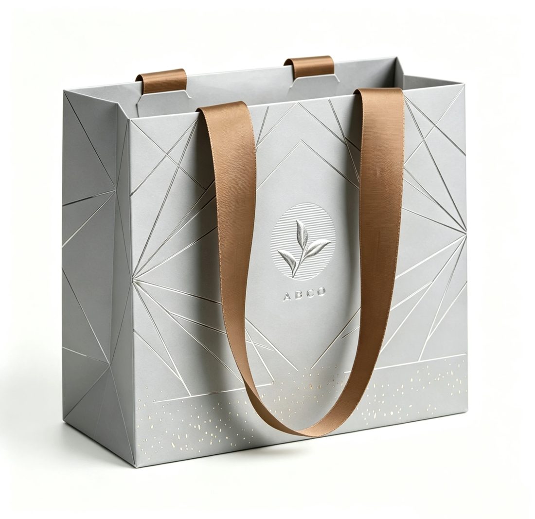 Custom Grey Paper Gift Bags Ribbon Handle Luxury Shopping Packaging