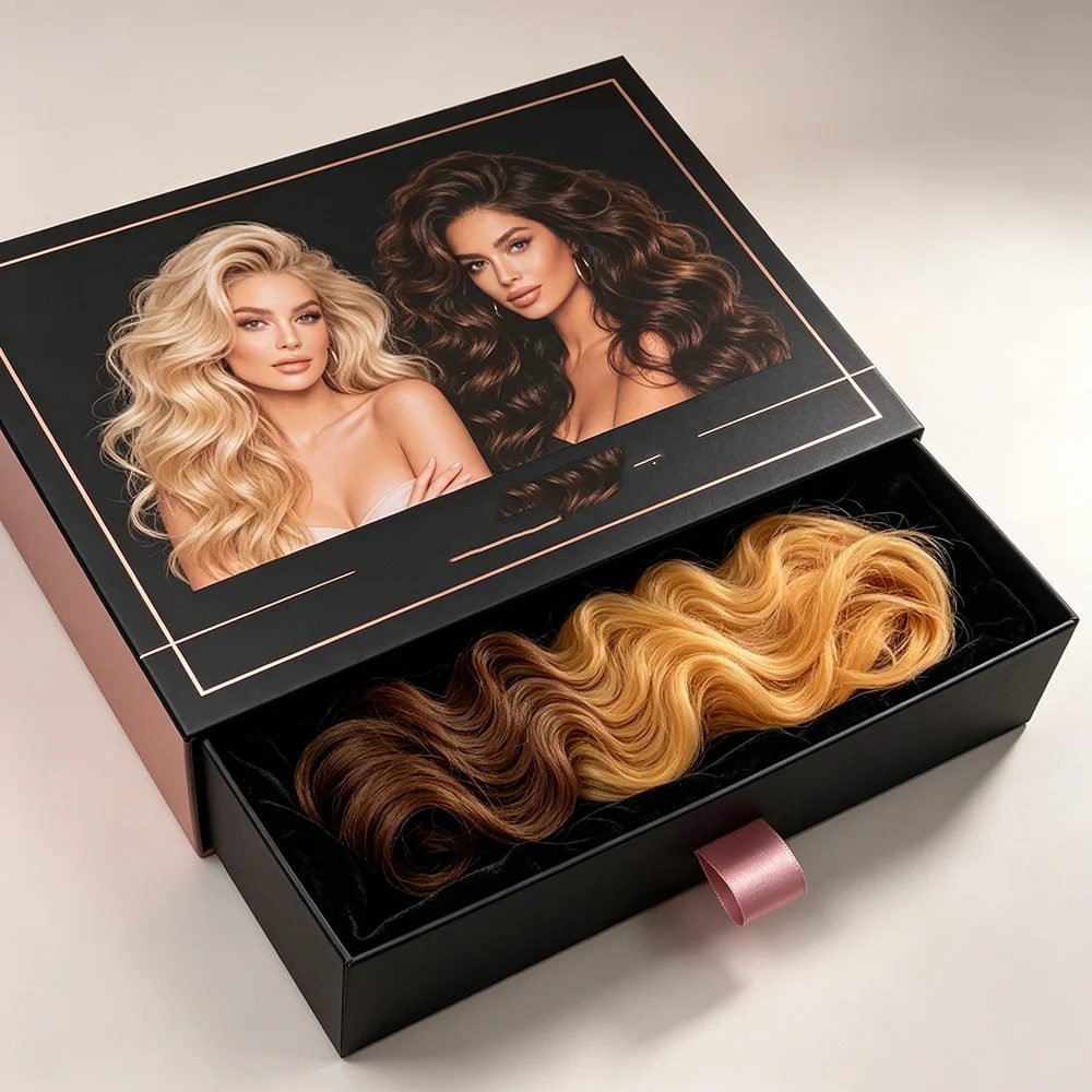 Custom Paperboard Hair Extension Wig Packaging Drawer Sliding Boxes