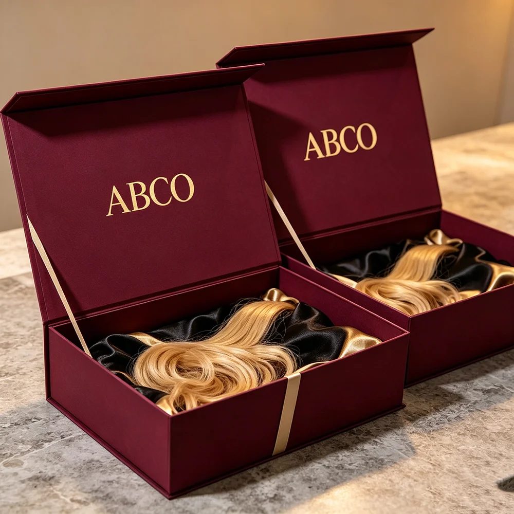 Custom Luxury Magnetic Red Satin Lined Hair Wig Packaging
