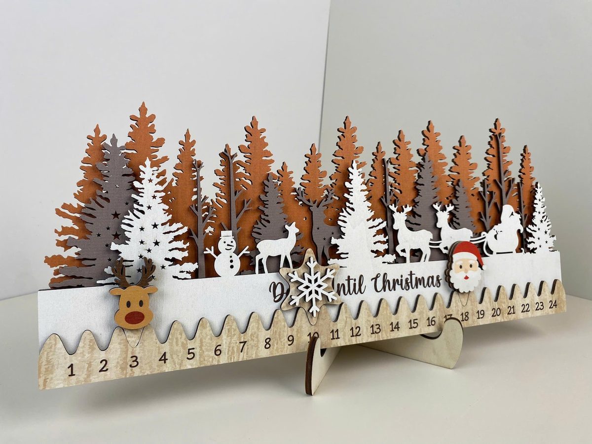 Cfblaserengraving Wooden Advent Calendar Laser Cut Santa Sleigh & Woodland Scene 24 Day