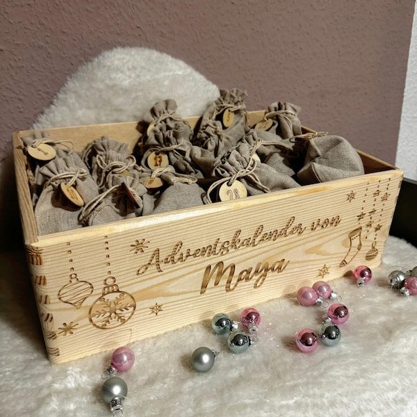 wmbastelstube Personalized Advent Calendar with Name | 24 Handmade Surprises | Wooden Gift Box
