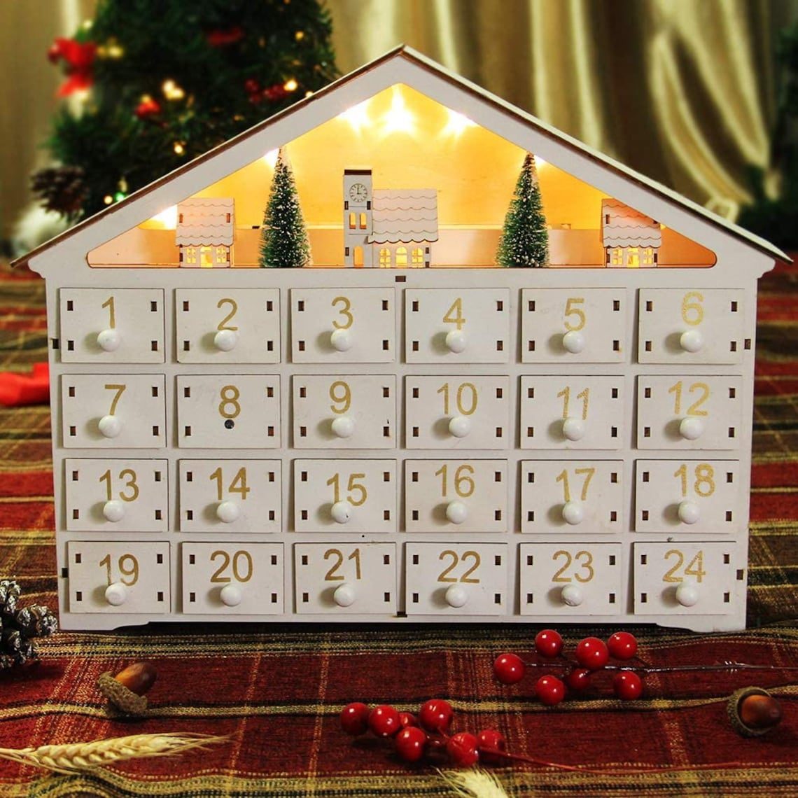 Crafttopiaa Christmas Wooden Advent Calendar + Wooden White Light Up House