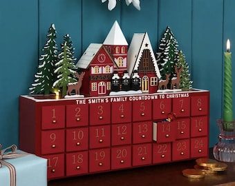 DepartmentOfGifting Personalized Red Wooden Light-Up Advent Calendar: Festive Winter Scene