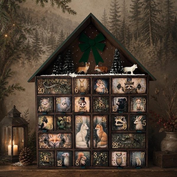 CraftingKoalaShop Advent Calendar House Wooden with Drawers Christmas Countdown Village