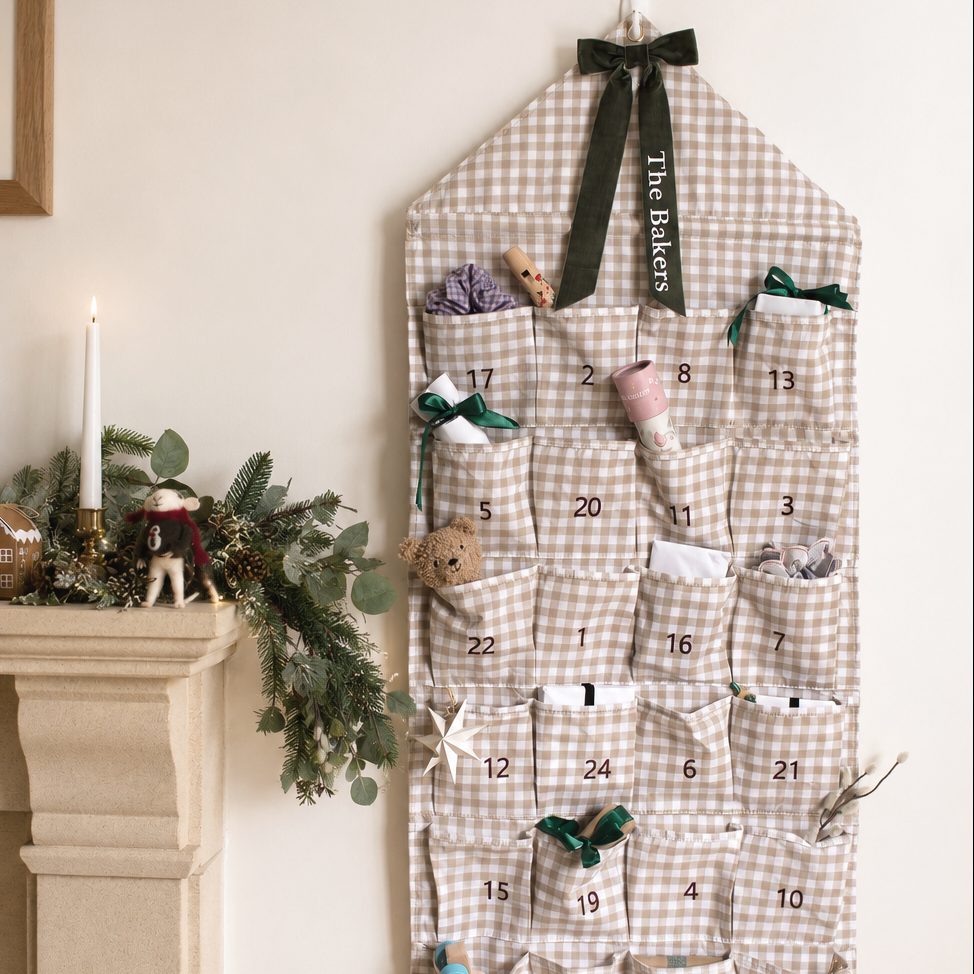 Mabel & Fox Personalised Beige Gingham Advent Calendar - Velvet Bow